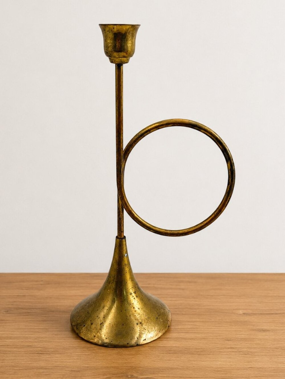 Vintage Brass Candle Holder with Circle Accent India Boho Mid Century 10"